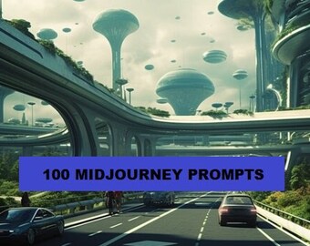 May include: A futuristic city scene with flying vehicles and tall buildings. The image features a highway with cars driving on it. The text "100 Midjourney Prompts" is displayed on a blue banner.
