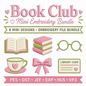 Può includere: Un pacchetto di file di ricamo con il testo "Book Club Mini Embroidery Bundle". L'immagine presenta disegni ricamati di un libro aperto, libri impilati, occhiali, una tazza da tè, un fiocco e una tessera della biblioteca.