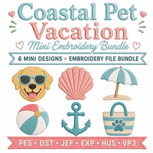 Beach Pet Embroidery Files, Coastal Dog Mini Bundle, Shell Anchor Tote Patch