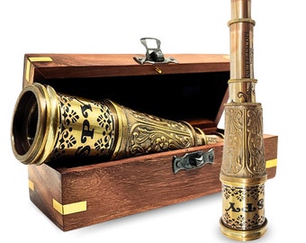 Engravable Working Brass Telescope with Wooden Box, Pirates Spyglass, Boating Gift, Graduation Gifts, Personalized Anniversary Gifts