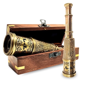 Graveerbare werkende messing telescoop met houten kist, piratenkijker, vaarcadeau, afstudeercadeaus, gepersonaliseerde jubileumcadeaus