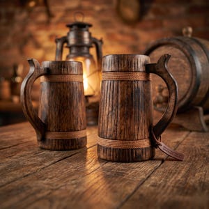 May include: Two dark brown wooden beer mugs with vertical grain patterns and light brown rope accents around the top and bottom. Each mug features a curved handle and a small rectangular tag attached to the handle of the right mug.