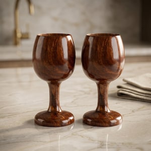 May include: Two matching goblets crafted from dark brown wood with a polished, smooth finish. Each goblet features a rounded bowl, a slender stem, and a wide, circular base, showcasing the natural grain patterns of the wood throughout the surface.