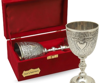 Engraved Brass Chalice – Medieval Style Wine Goblet, Velvet Gift Box