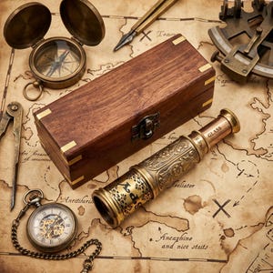 Peut inclure: Une longue-vue en laiton avec des gravures florales et l'inscription GLASS, une boîte en bois aux coins en laiton, une boussole en laiton, une montre de poche à mécanisme apparent, un compas et un sextant sur une carte ancienne.