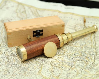 Engravable Brass Telescope with Wooden Box: Pirate Spyglass, Boating Gift