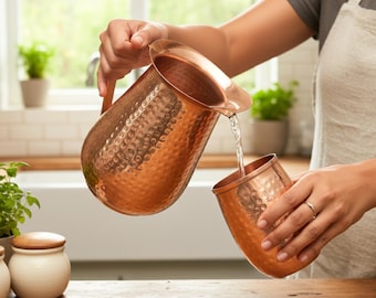 Juego de jarra de agua de cobre martillado / Jarra y vaso rústicos de estilo ayurvédico