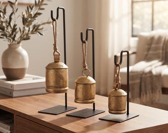 Set di campanelle rustiche in ottone da appendere con supporto in metallo, ornamento in stile rustico, regalo per la meditazione,