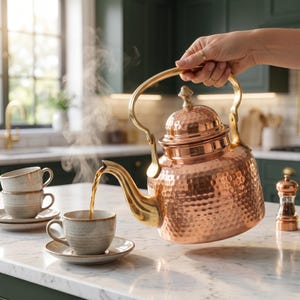 Könnte beinhalten: Ein Teekessel aus gehämmertem Kupfer mit einem goldfarbenen Griff und Deckelknauf, der dampfende Flüssigkeit in eine gesprenkelte Keramiktasse auf einer Untertasse gießt, mit einem weiteren Tassen- und Untertassenset daneben.