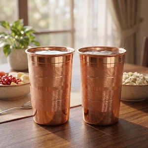 May include: Two cylindrical drinking tumblers crafted from polished copper. Each vessel features a series of horizontal bands with alternating smooth, reflective surfaces and textured, brushed finishes, creating a distinct striped appearance.
