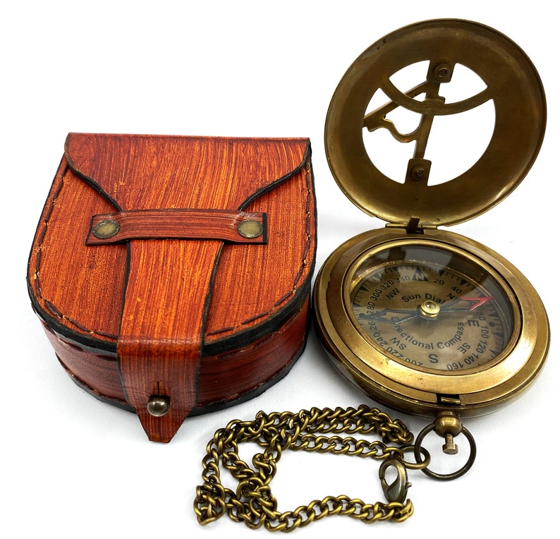 MAI Brass Sundial Compass Beautiful Gift Item With Leather Case - Sun Clock - Steampunk Accessory – Nautical Gift – Wedding Gifts For Him