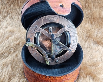 Antiek messing en koper zonnewijzer kompas, zonnewijzer klok in doos geschenken zonneklok scheepsreplica horloge (bruin antiek)