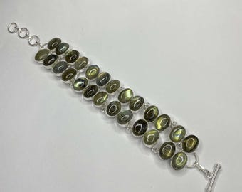 ラブラドライトの宝石ブレスレット：手作りのジャーマンシルバー製