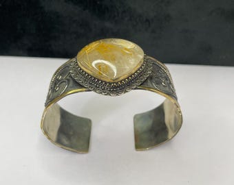 Golden Rutilated Quartz Heart Cuff Bangle: Silver & Gold Plated Vintage Style