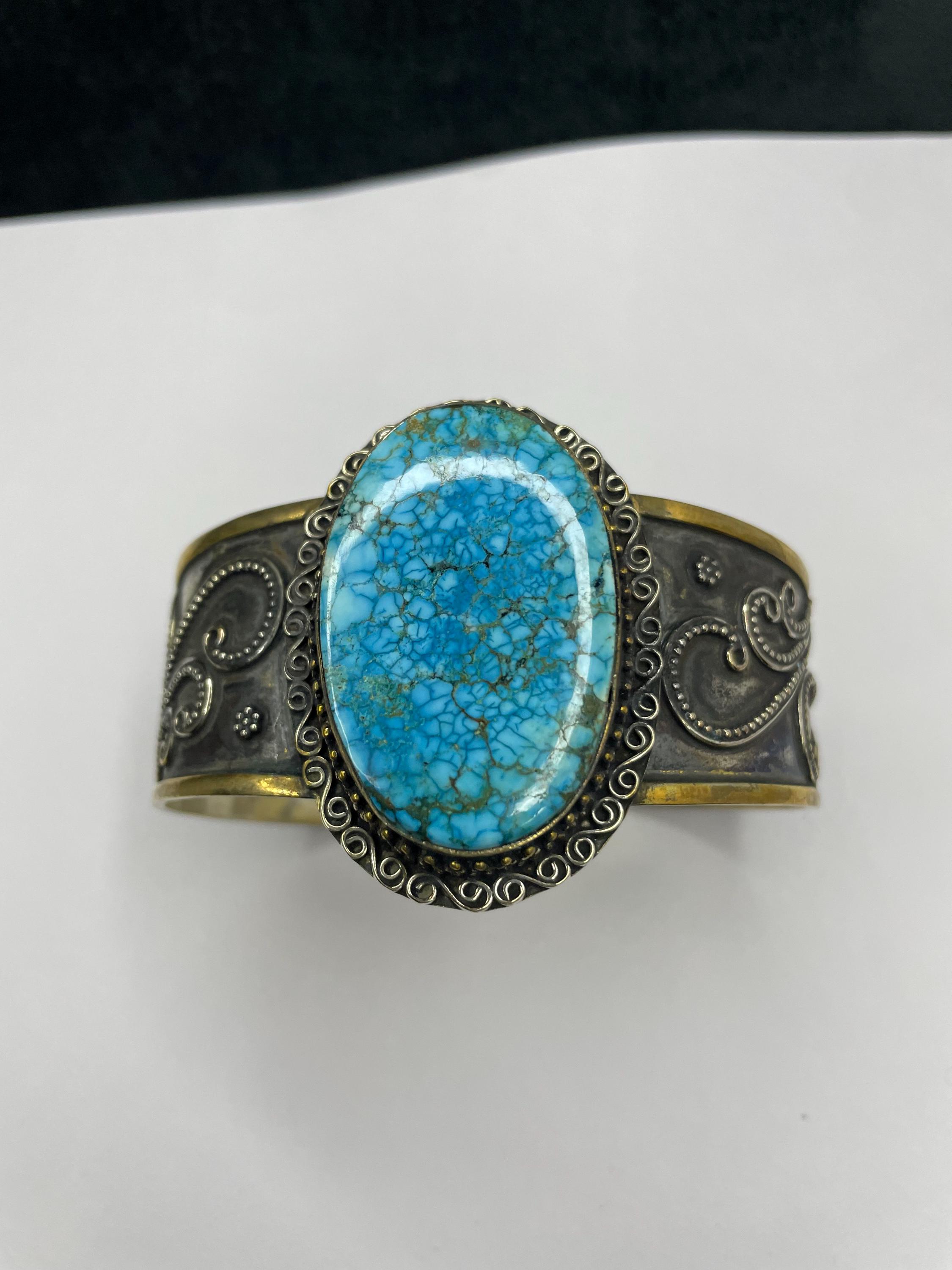 ターコイズカボションカフブレスレット：花柄ジャーマンシルバー