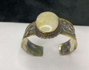 Golden Rutile Quartz Cuff Bangle: Handmade Silver & Gold Plated Oval Cabochon
