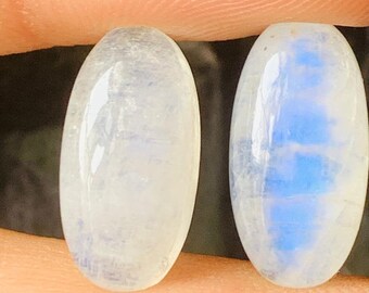 Natural Rainbow Moonstone Cabochon Gemstone Pair: Oval White Stone, 8X16 MM
