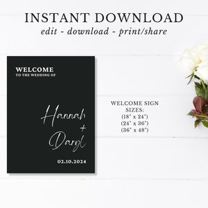 Black Wedding Welcome Sign Template, Modern Minimalist Welcome Sign ...