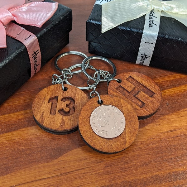 2011 13th birthday, anniversary keyring gift | UK Penny Wooden engraved  personised coin gift