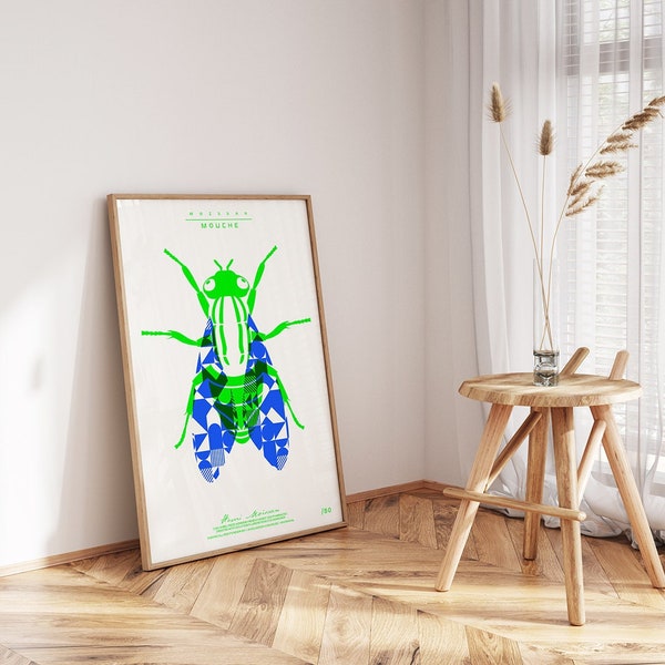 Neon-Poster im Siebdruckverfahren – Mouche – handgefertigt – Größe 50 x 70 – neonblau / neongrün