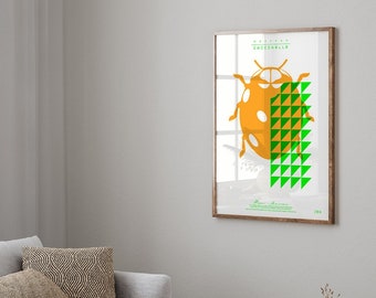 Neon poster gezeefdrukt - Coccinelle - handgemaakt - formaat 50 x 70 - neon oranje / neon groen