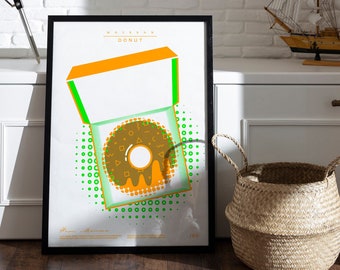 Neon poster gezeefdrukt - Donut - handgemaakt - formaat 50 x 70 - neon oranje / neon groen