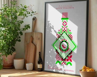 Póster de neón serigrafiado - Sauce Piquante - hecho a mano - tamaño 50 x 70 - rojo neón / verde neón