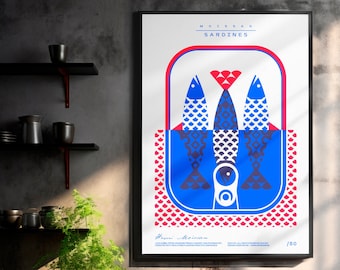 May include: A minimalist poster with a blue and red geometric design of three sardines in a can. The poster is titled "Moisan Sardines" and is numbered 1/50.