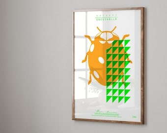 Neon poster screen printed - Coccinelle - handmade - size 50 x 70 - neon orange / neon green