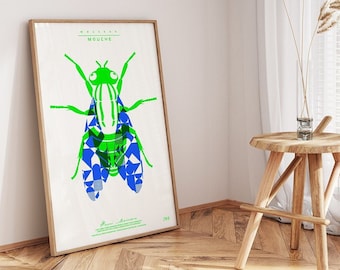 Neon poster gezeefdrukt - Mouche - handgemaakt - formaat 50 x 70 - neon blauw / neon groen