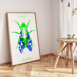 Neon poster screen printed Mouche handmade size 50 x 70 neon blue / neon green image 1
