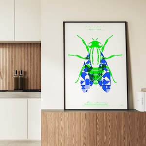 Neon poster screen printed Mouche handmade size 50 x 70 neon blue / neon green image 2