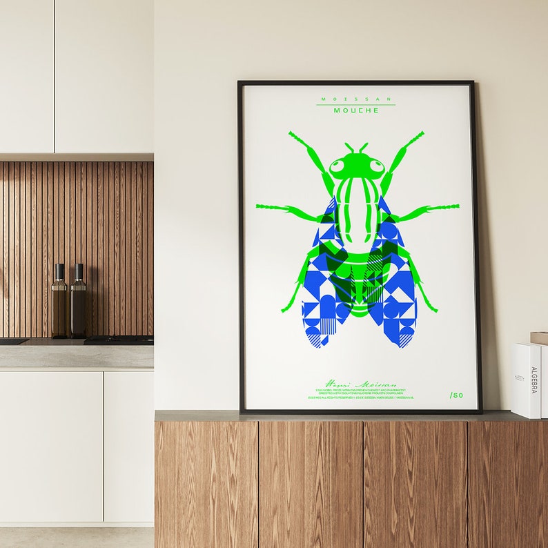 Póster de neón serigrafiado Mouche hecho a mano tamaño 50 x 70 azul neón / verde neón imagen 2