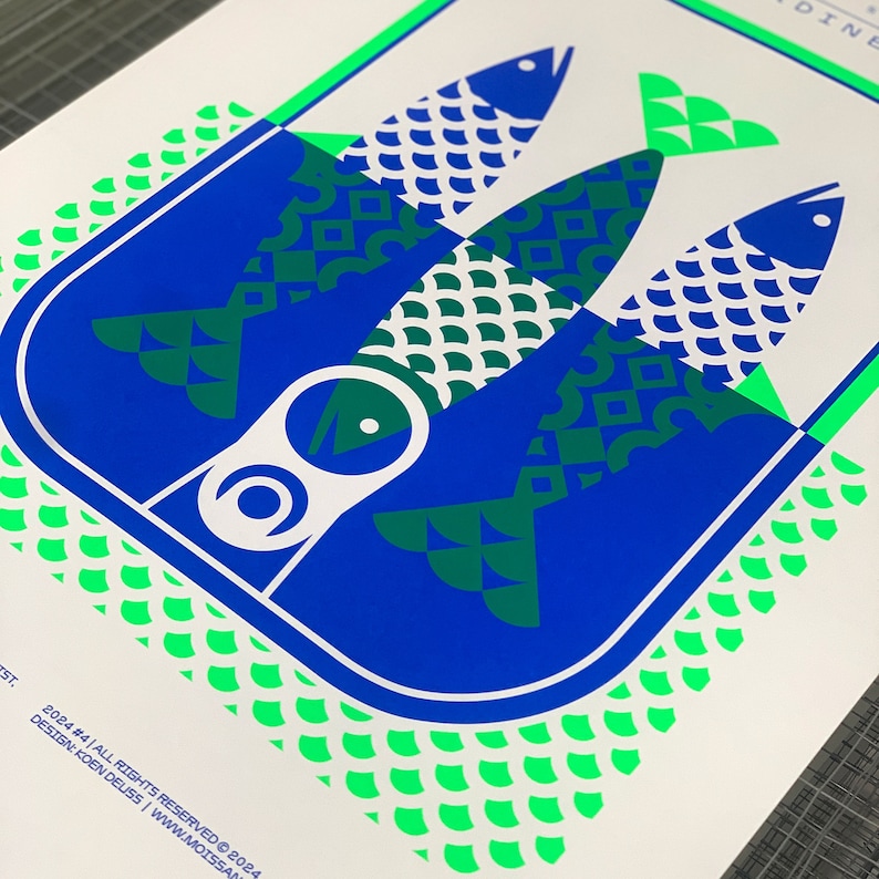 Neon poster gezeefdrukt Sardines handgemaakt formaat 50 x 70 neon blauw / neon groen afbeelding 9