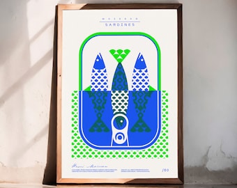 Póster de neón serigrafiado - Sardinas - hecho a mano - tamaño 50 x 70 - azul neón / verde neón