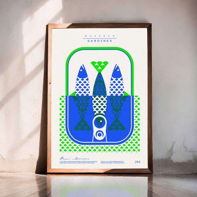 Neon poster gezeefdrukt Sardines handgemaakt formaat 50 x 70 neon blauw / neon groen afbeelding 1