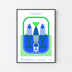 Neon poster gezeefdrukt Sardines handgemaakt formaat 50 x 70 neon blauw / neon groen afbeelding 3