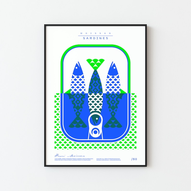 Neon poster gezeefdrukt Sardines handgemaakt formaat 50 x 70 neon blauw / neon groen afbeelding 3