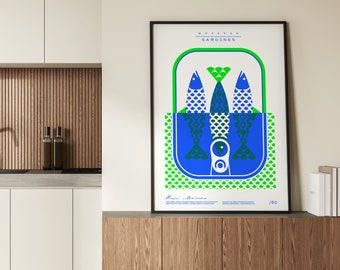 Neon poster gezeefdrukt - Sardines - handgemaakt - formaat 50 x 70 - neon blauw / neon groen