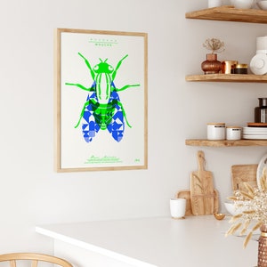 Neon poster screen printed Mouche handmade size 50 x 70 neon blue / neon green image 3