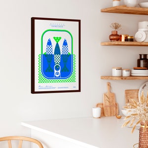 Neon poster gezeefdrukt Sardines handgemaakt formaat 50 x 70 neon blauw / neon groen afbeelding 2