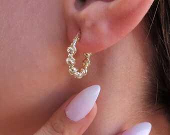 14K Solid Gold Bead Ball Creolen, Mond Schliff Gold Creolen, charmante Gold Creolen, Boho Gold Creolen, alltägliche Ohrringe, Geschenk für sie