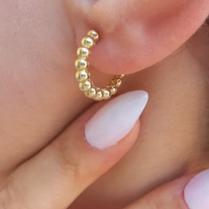 Ball Beaded Hoop Earrings, 14K Gold Dainty Hoop Earrings, Huggie Hoop Earrings-Tiny Dainty Ball Hoops, Daily Use Gold Earrings, Gift For Her