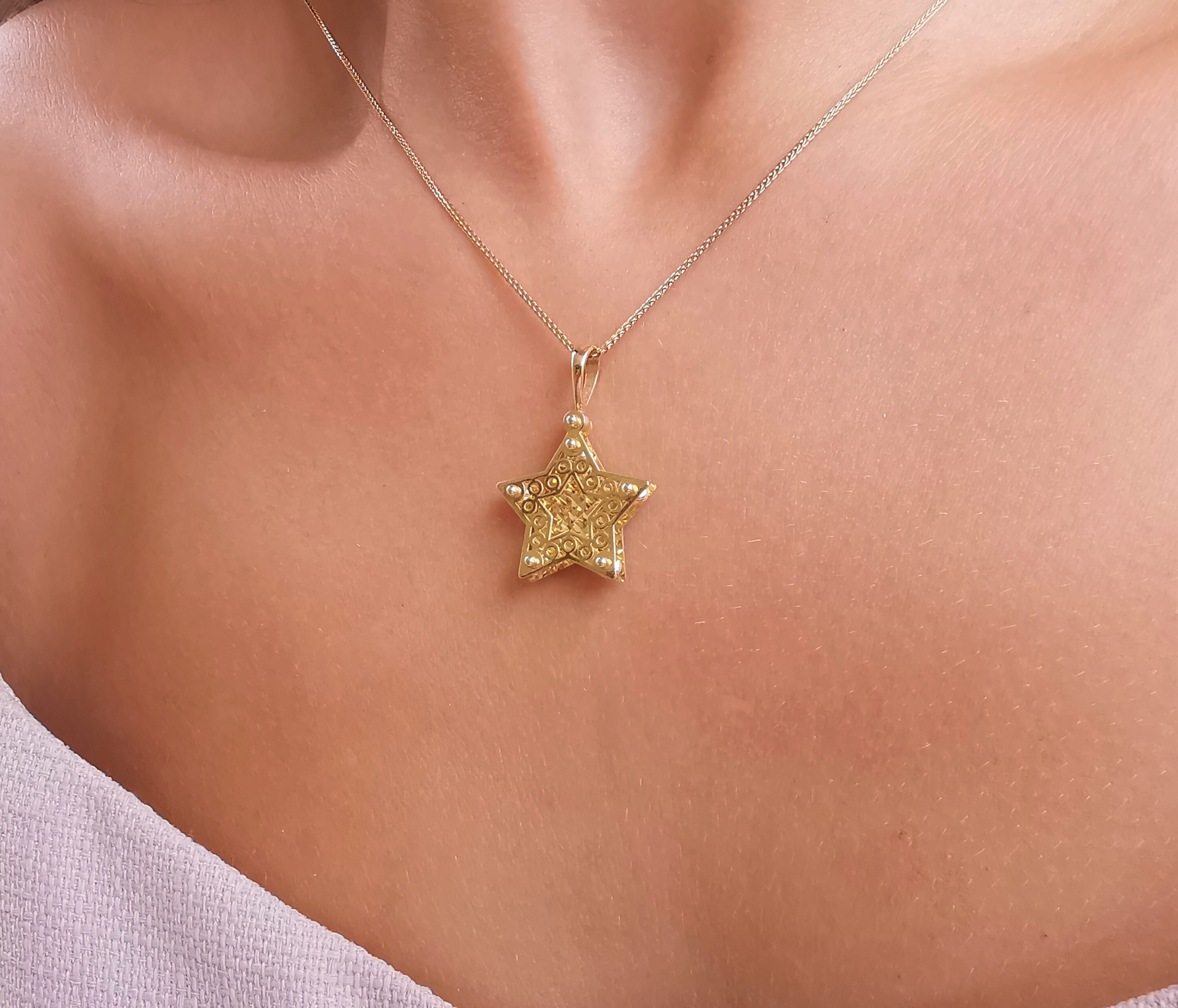 Gold Star Pendant, 14K Solid Gold Star Necklace, Handmade Jewelry, Sunbeam Star Jewelry, Filigree Star, Dainty Necklace, Gift For Her