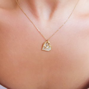 14K Solid Gold Two Heart Necklace, Tiny Sparkly Heart Key Necklace, You Have The Key To My Heart Necklace, Lovers Gift, Perfect Gift For Her