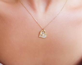 14K Solid Gold Two Heart Necklace, Tiny Sparkly Heart Key Necklace, You Have The Key To My Heart Necklace, Lovers Gift, Perfect Gift For Her