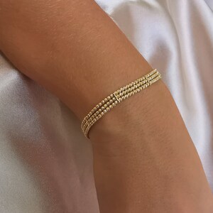 14K Solid Gold Triple Row Chain Moon Cut Ball Bracelet, Sparkle Bead Ball Beaded Layering Bracelet, Diamond Cut Ball Bracelet, Gift For Her