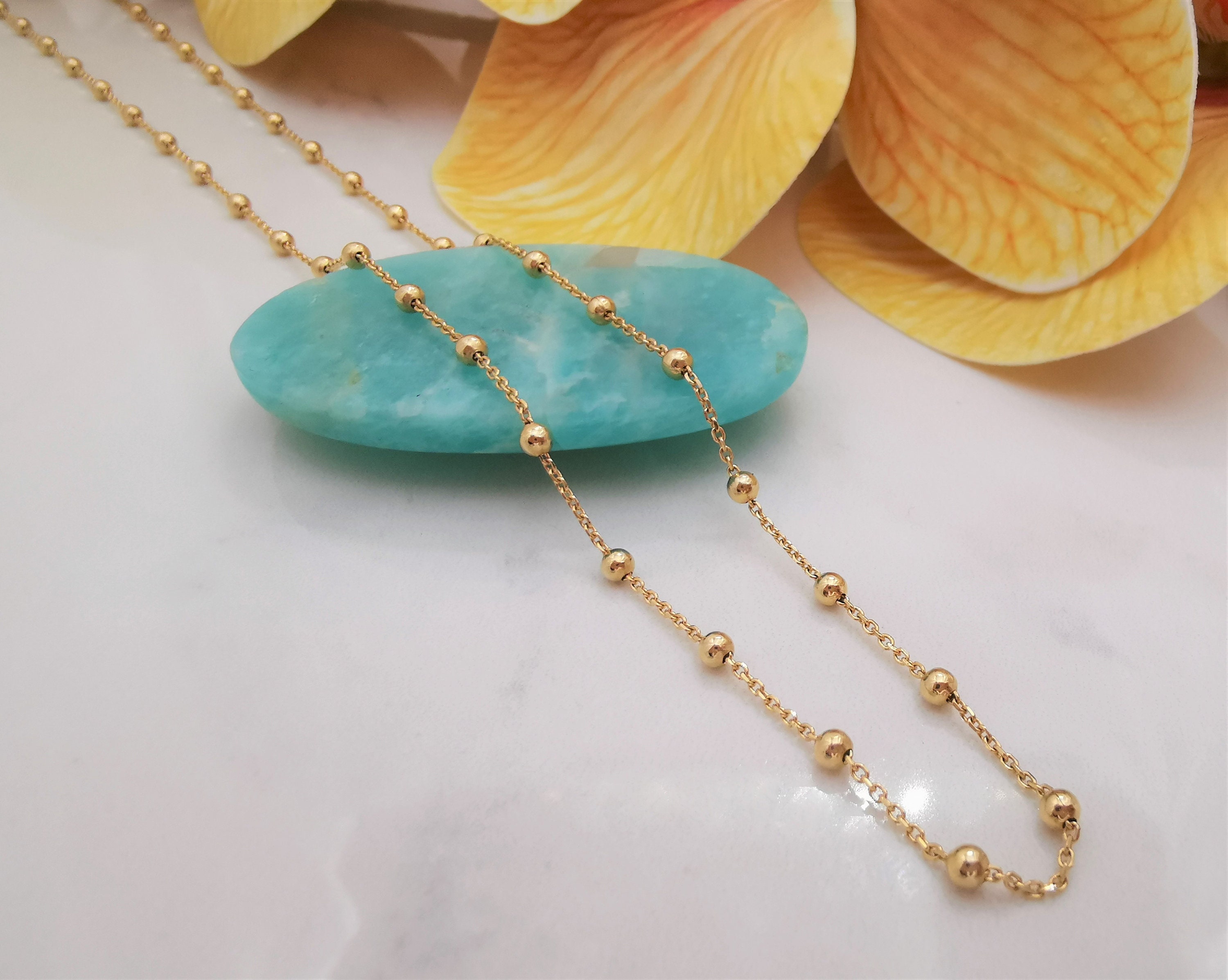 14K Solid Gold Ball Bead Chain Necklace, Solid Gold Ball Choker, Cable