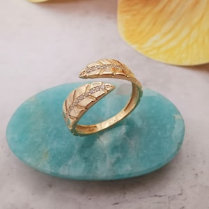 14K Solid Gold Ring, Open Leaf Ring, Leaf Cuff Ring With CZ, Minimalist Gold Ring, Dainty Ring, Geometric Shape, Everyday Ring, Gift For Her