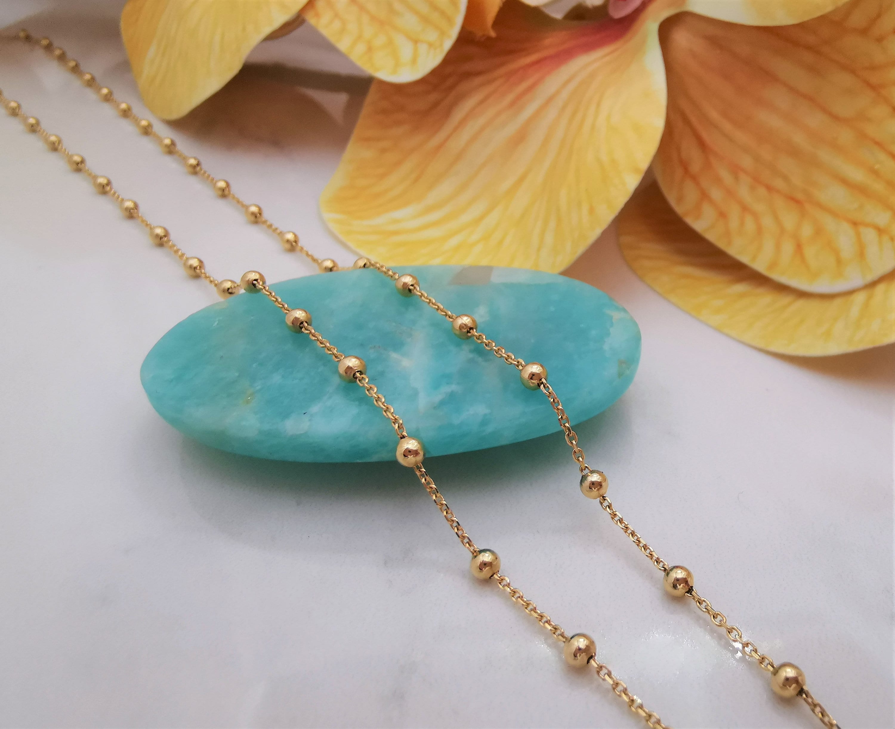 14K Solid Gold Ball Bead Chain Necklace, Solid Gold Ball Choker, Cable